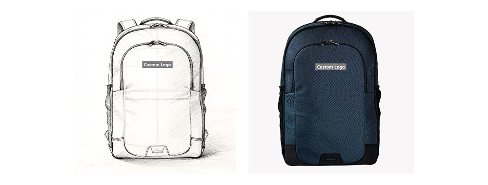 1. High end nylon backpack design draft vs. finished product 1. High end nylon backpack design draft vs. finished product