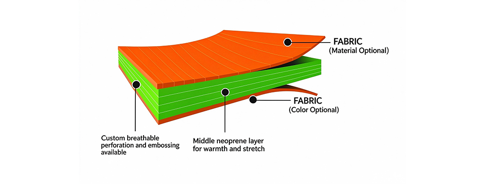 The image displays the sandwich structure of neoprene rubber fabric